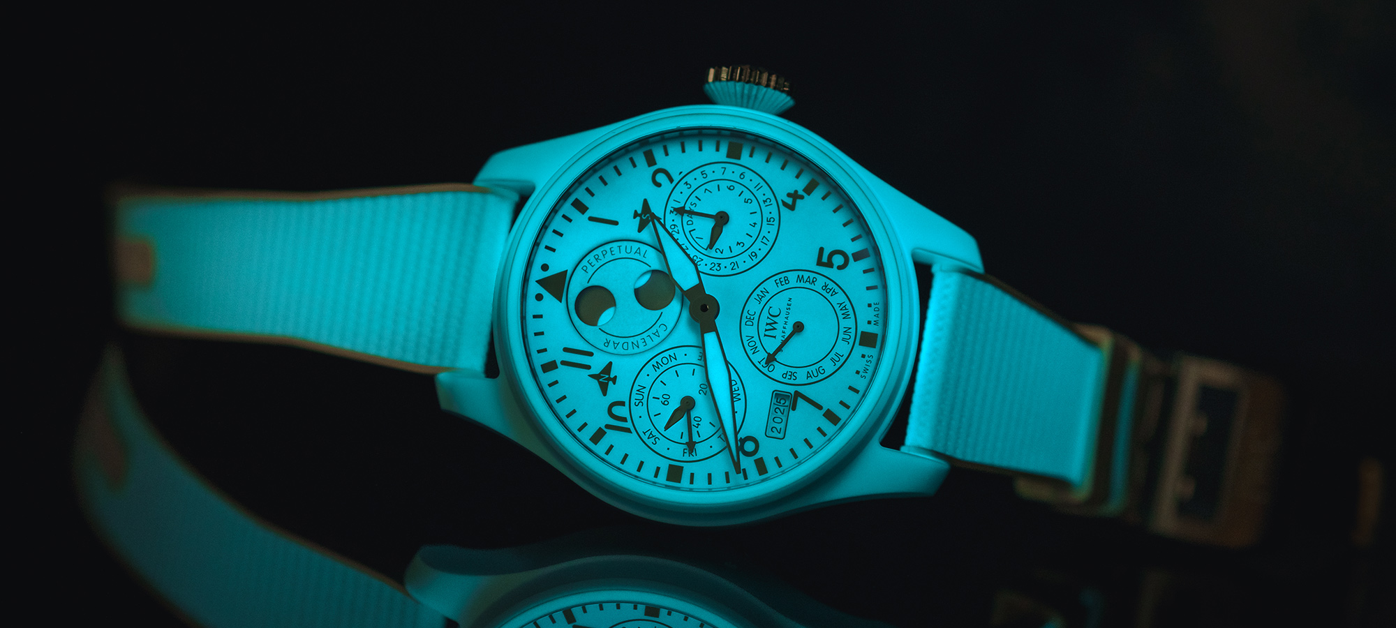 IWC Big Pilot's Watch Perpetual Calendar Ceralume luminous ceramic case glowing